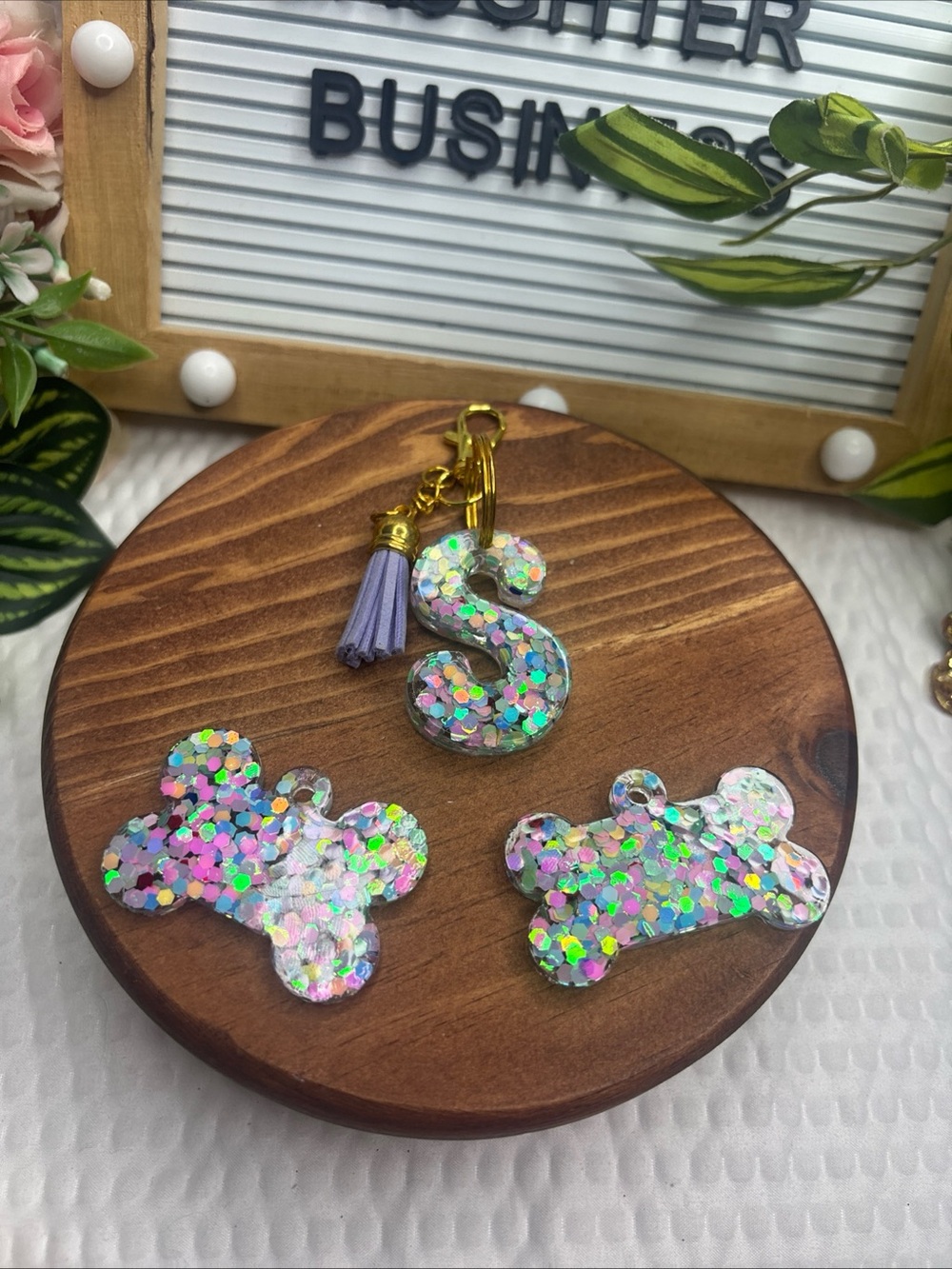 Glitter Resin Initial S Keychain with Tassel - Iridescent